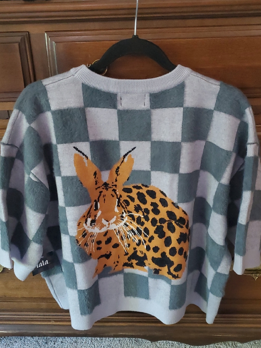 Lala Fur Real Checkerboard Sweater with Leopard Rabbit Motif - Gray & Lavender - Picture 5 of 7